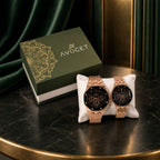 Rose Gold Couple Watch Set with Black Dial Chronograph Style Metal Strap