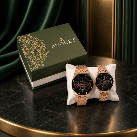 Rose Gold Couple Watch Set with Black Dial Chronograph Style Metal Strap