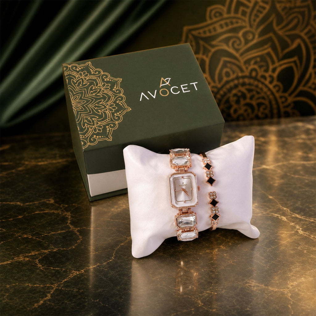 Rose Gold Watch with Square Shape Dial Bracelet Design and Black Stone Details