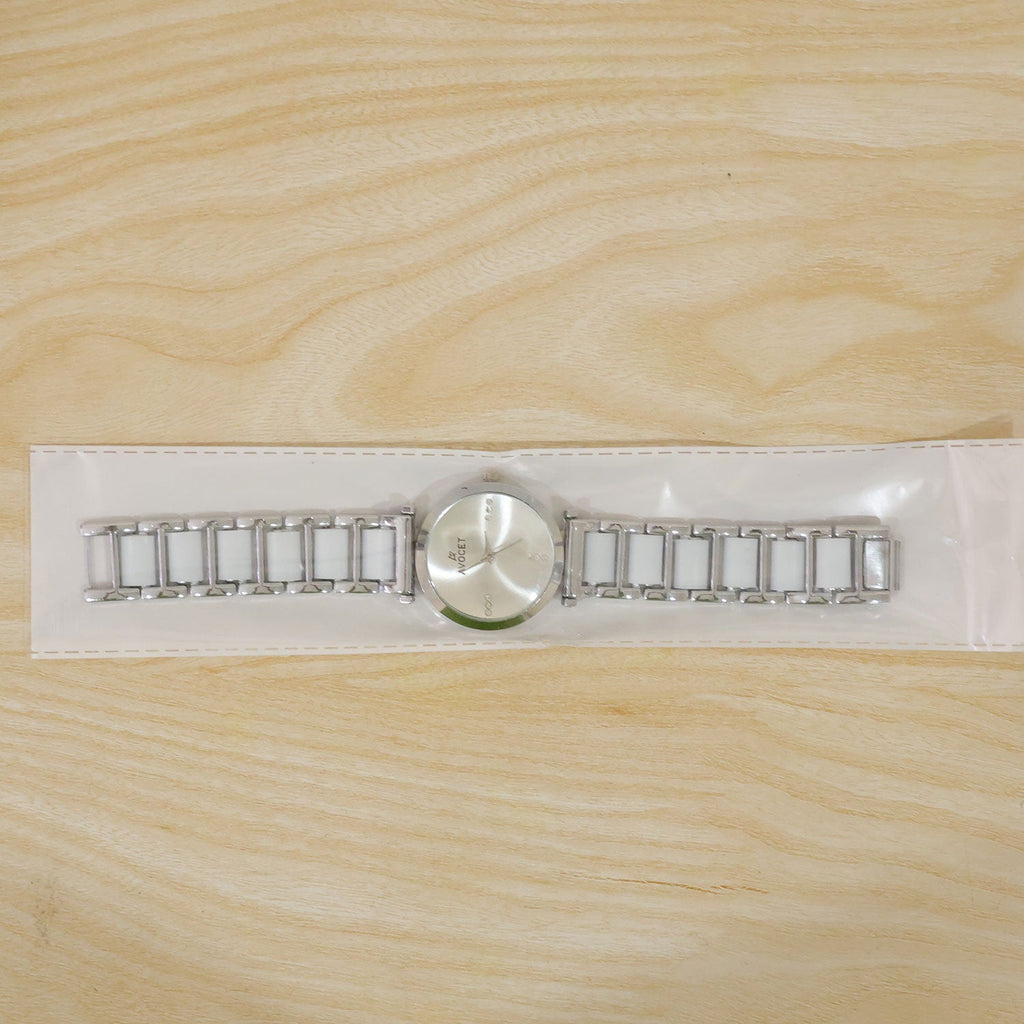 Silver Round Shape Dial Watch with White Metal Strap Design for Women