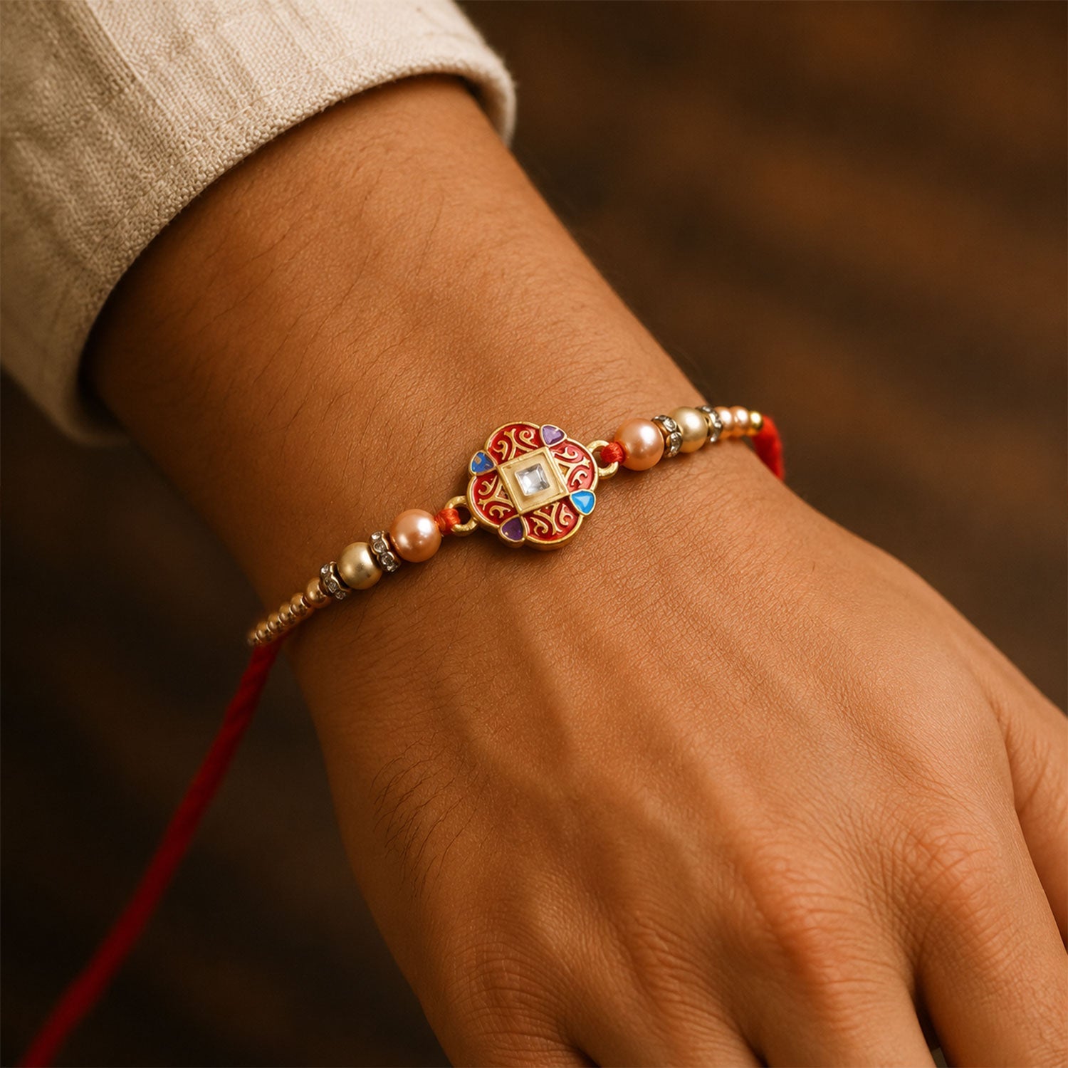 ALVENZA Round Red Meenakari AD Stone Designer Rakhi for Brother with Pearls
