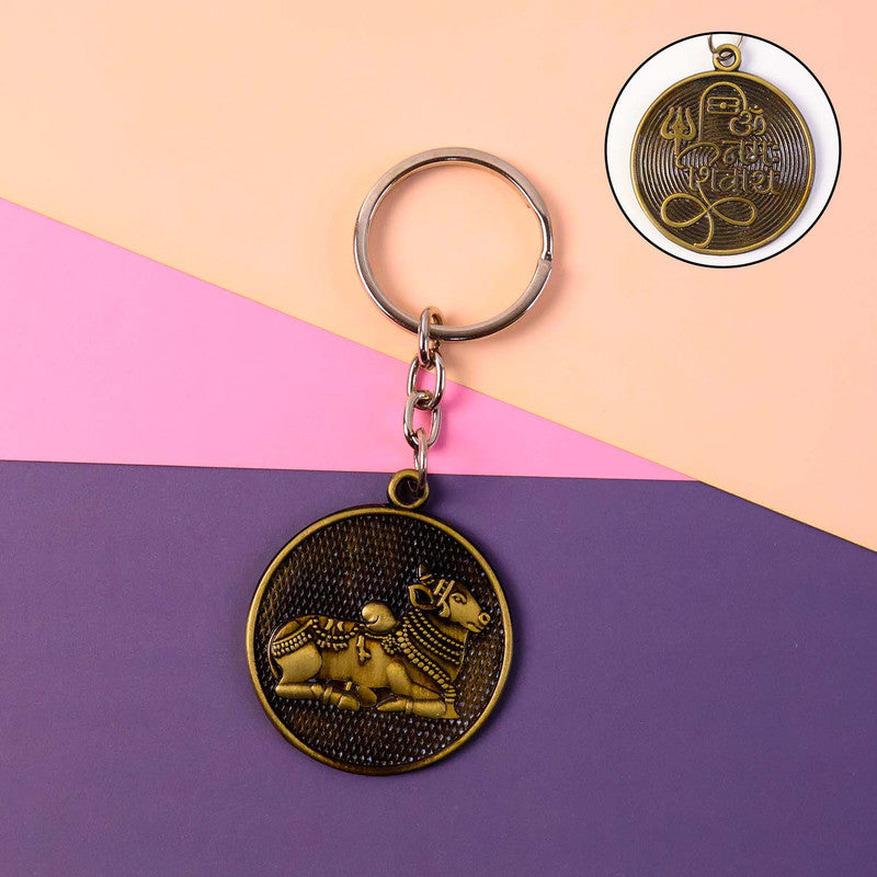 ALVENZA Nandi Bull Keychain – Antique Shivling & Om Engraved Spiritual Ring