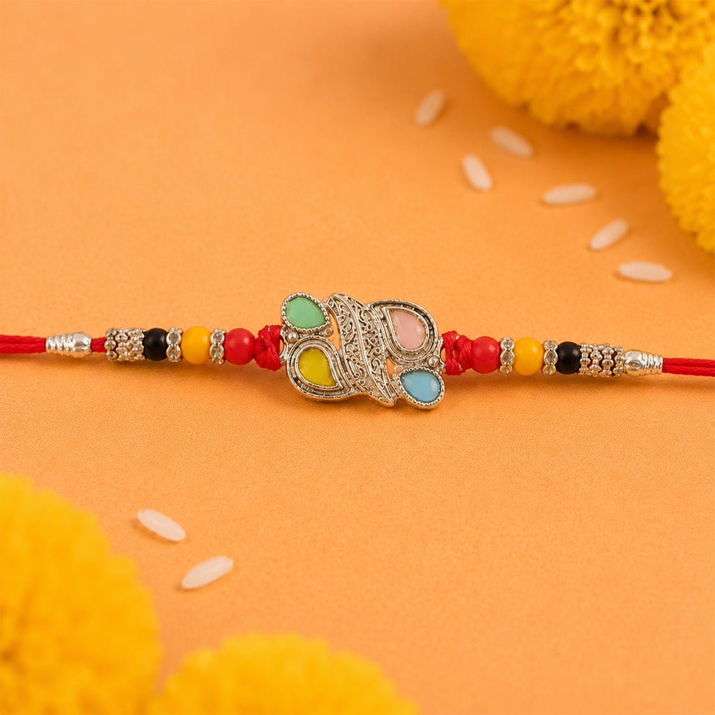 ALVENZA Silver Butterfly Leaf Rakhi with Pastel Stones, Roli Chawal Coin and Card Packing