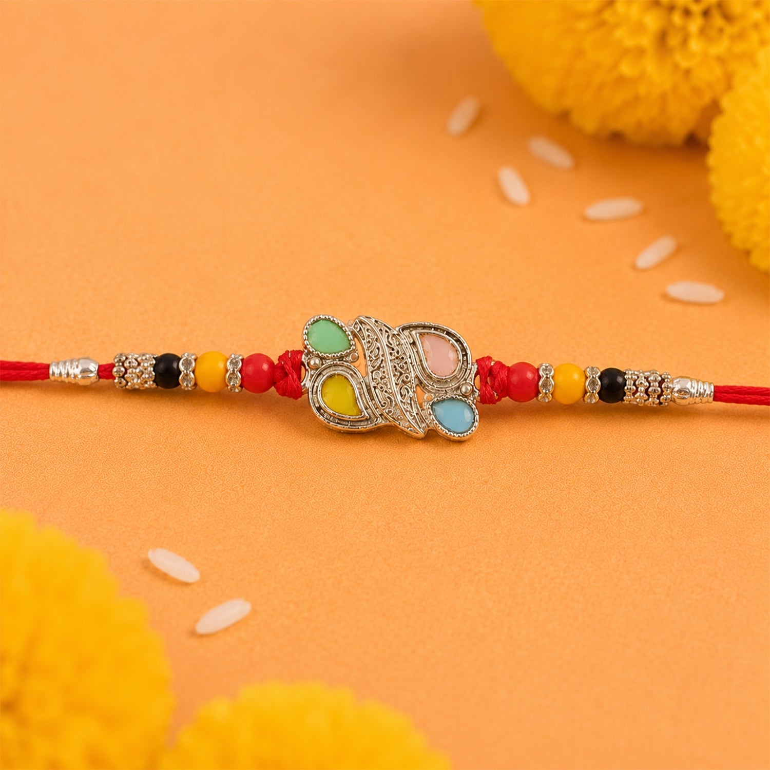 ALVENZA Silver Butterfly Leaf Rakhi with Pastel Stones, Roli Chawal Coin and Card Packing