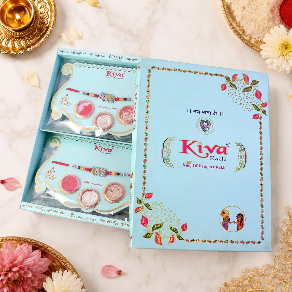 ALVENZA Silver Butterfly Leaf Rakhi with Pastel Stones, Roli Chawal Coin and Card Packing