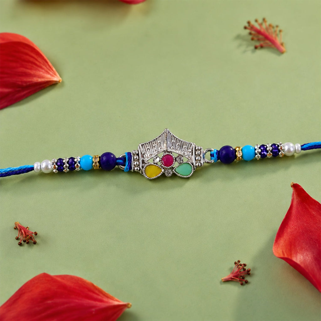 ALVENZA Silver Crown Temple Rakhi with Multicolor Stones, Roli Chawal Coin and Card Gift Packing