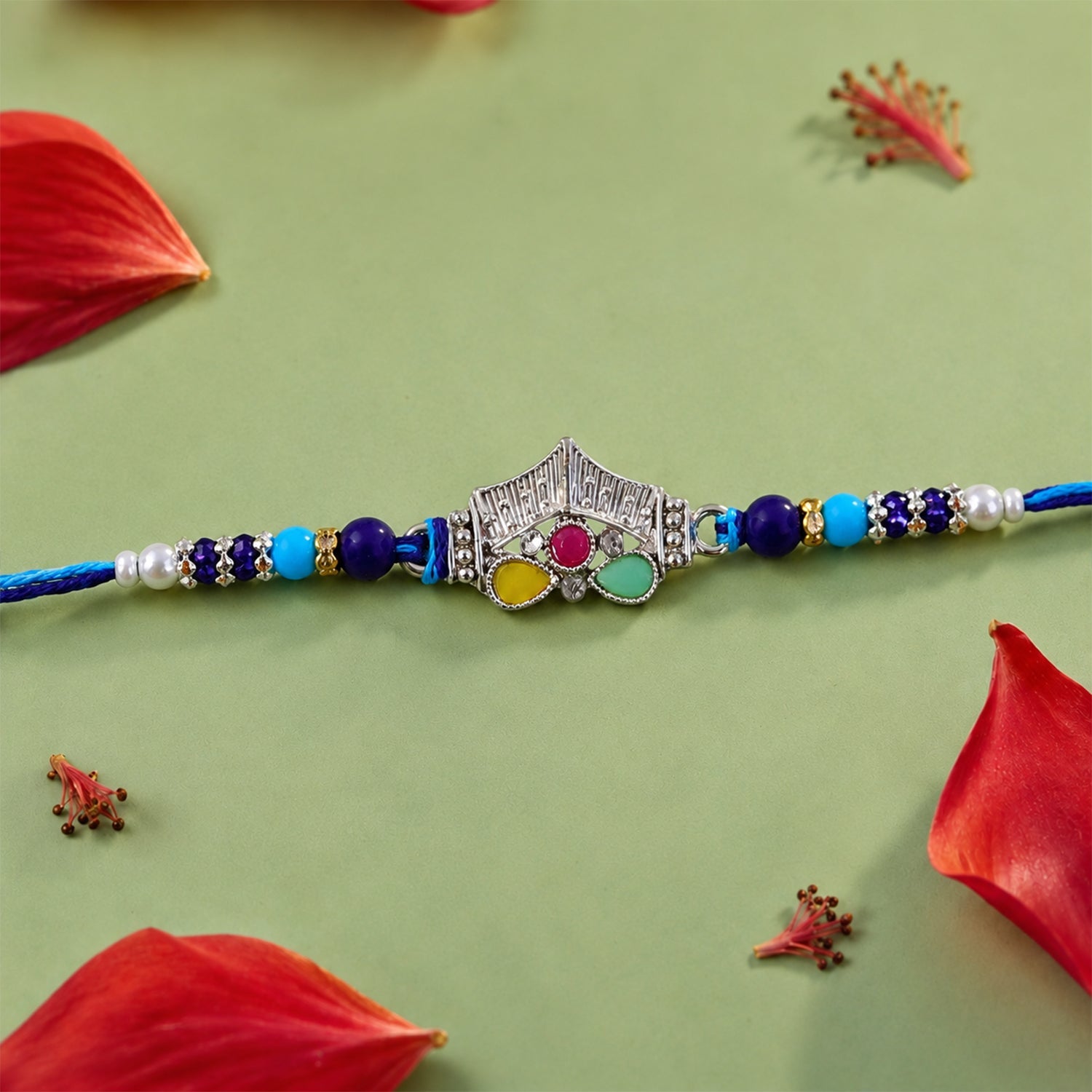 ALVENZA Silver Crown Temple Rakhi with Multicolor Stones, Roli Chawal Coin and Card Gift Packing