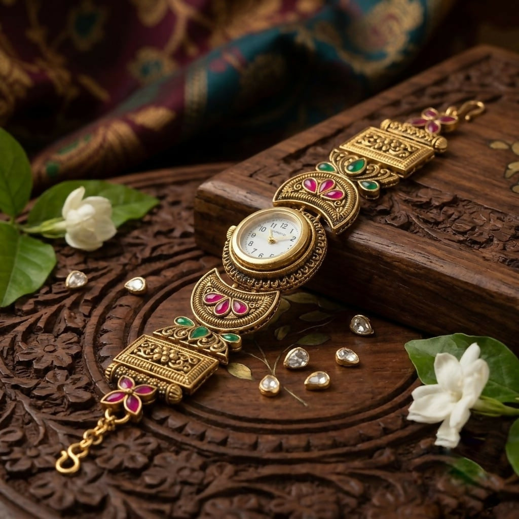 Rajwadi Antique Gold Plated Ethnic Bracelet Watch for Women