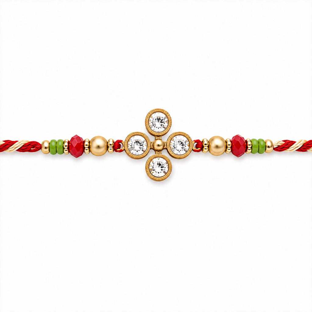 ALVENZA Four Crystal Clover Rakhi with Antique Gold Bezels, Red-Green Crystal & Golden Beads