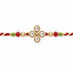 ALVENZA Four Crystal Clover Rakhi with Antique Gold Bezels, Red-Green Crystal & Golden Beads