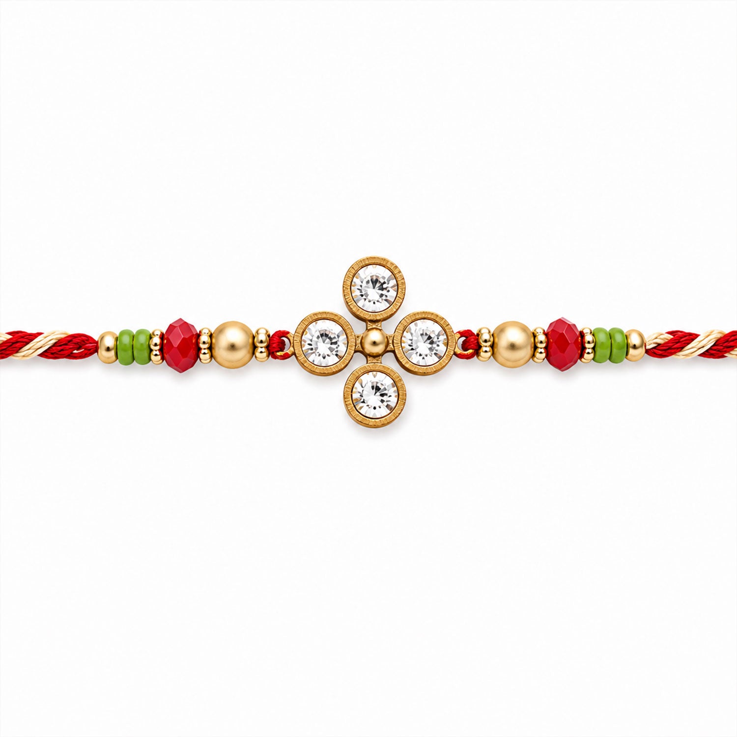 ALVENZA Four Crystal Clover Rakhi with Antique Gold Bezels, Red-Green Crystal & Golden Beads