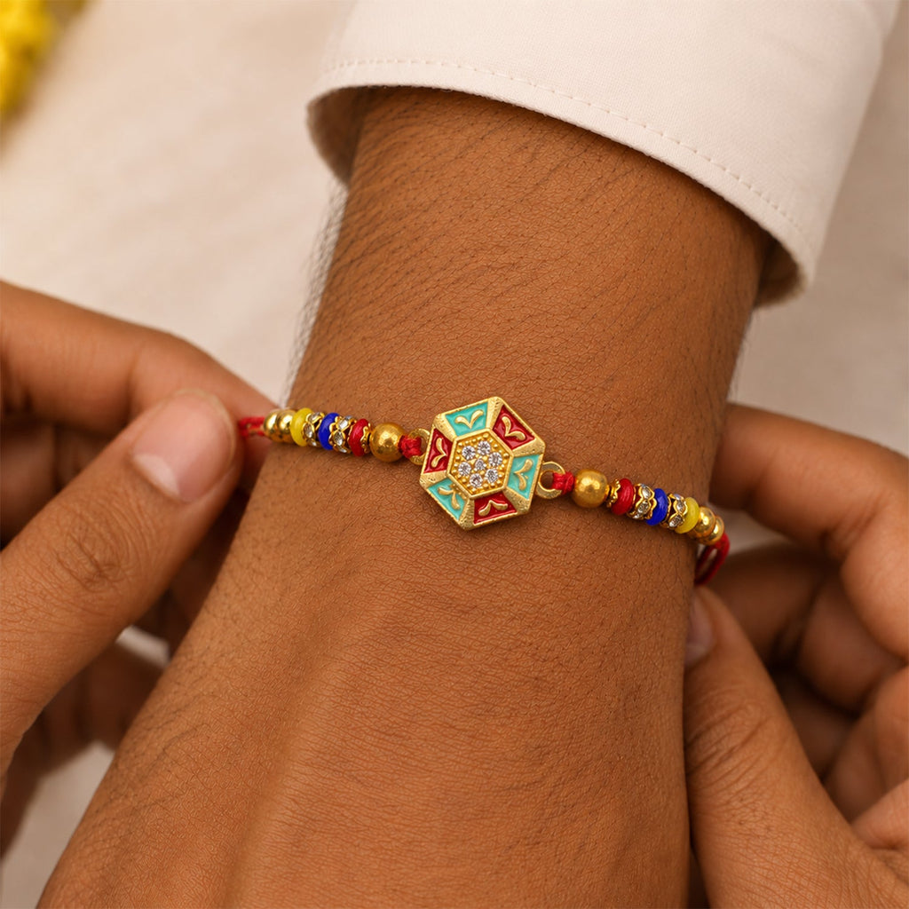 ALVENZA Golden Snowflake Crystal Designer Rakhi for Brother, Lavender Beads Gift