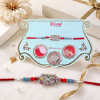 ALVENZA Rectangular Pearl Crystal Rakhi with Red Blue Beads, Roli Chawal Coin and Gift Packing