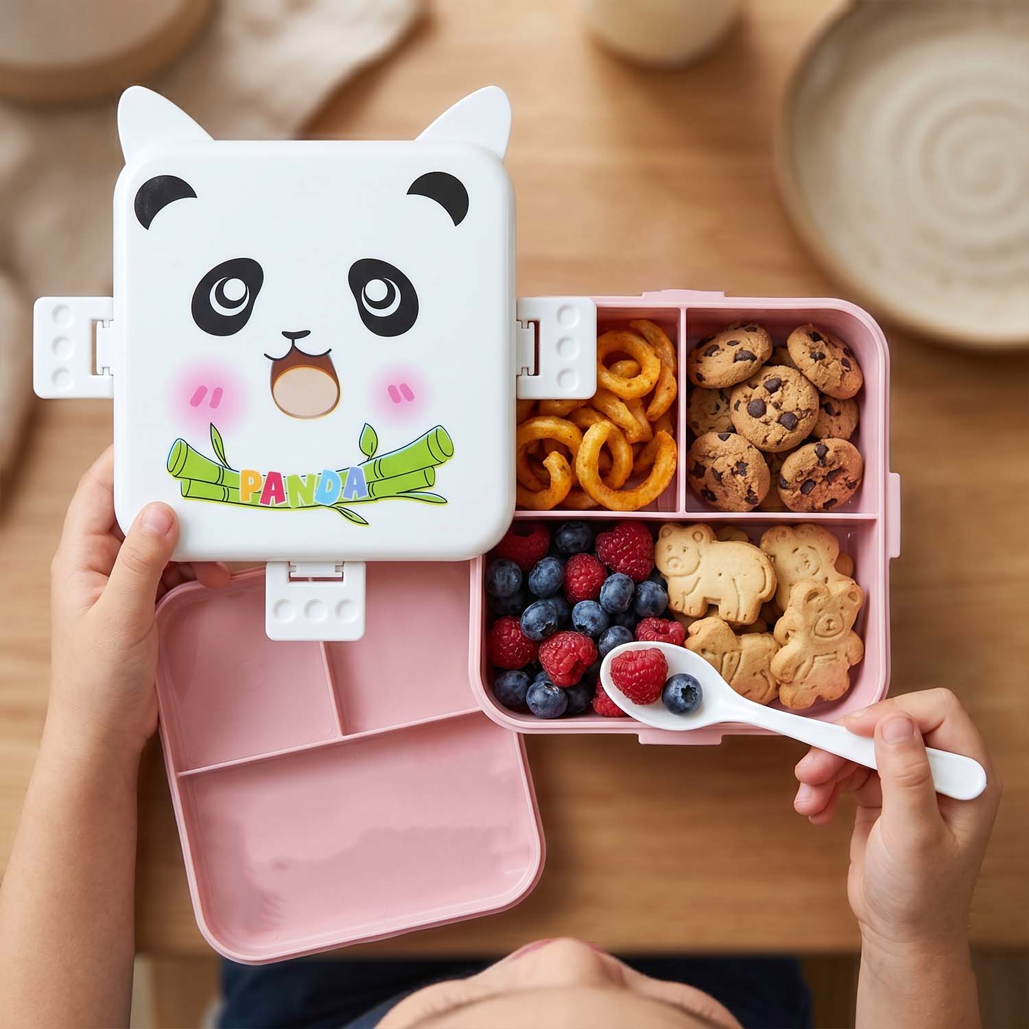 Kids Lunch Box with Compartments Panda Design & Utensils for School & Travel - Front View