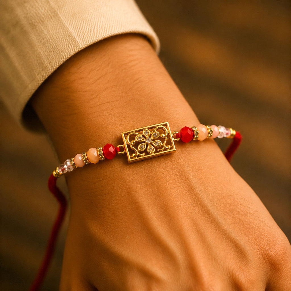 ALVENZA Rectangular AD Filigree Designer Rakhi for Brother with Pink Beads Gift