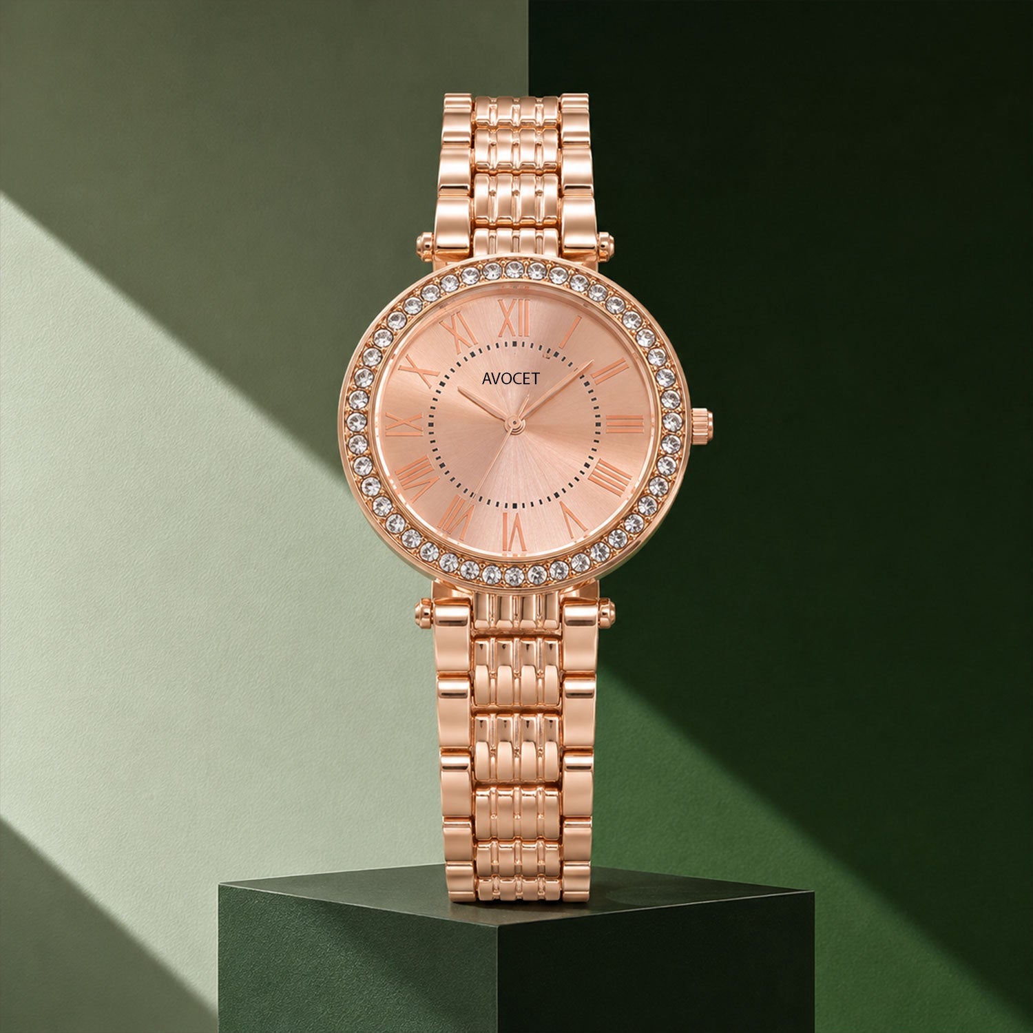 Women's Rose Gold Analog Wrist Watch with Crystal Bezel