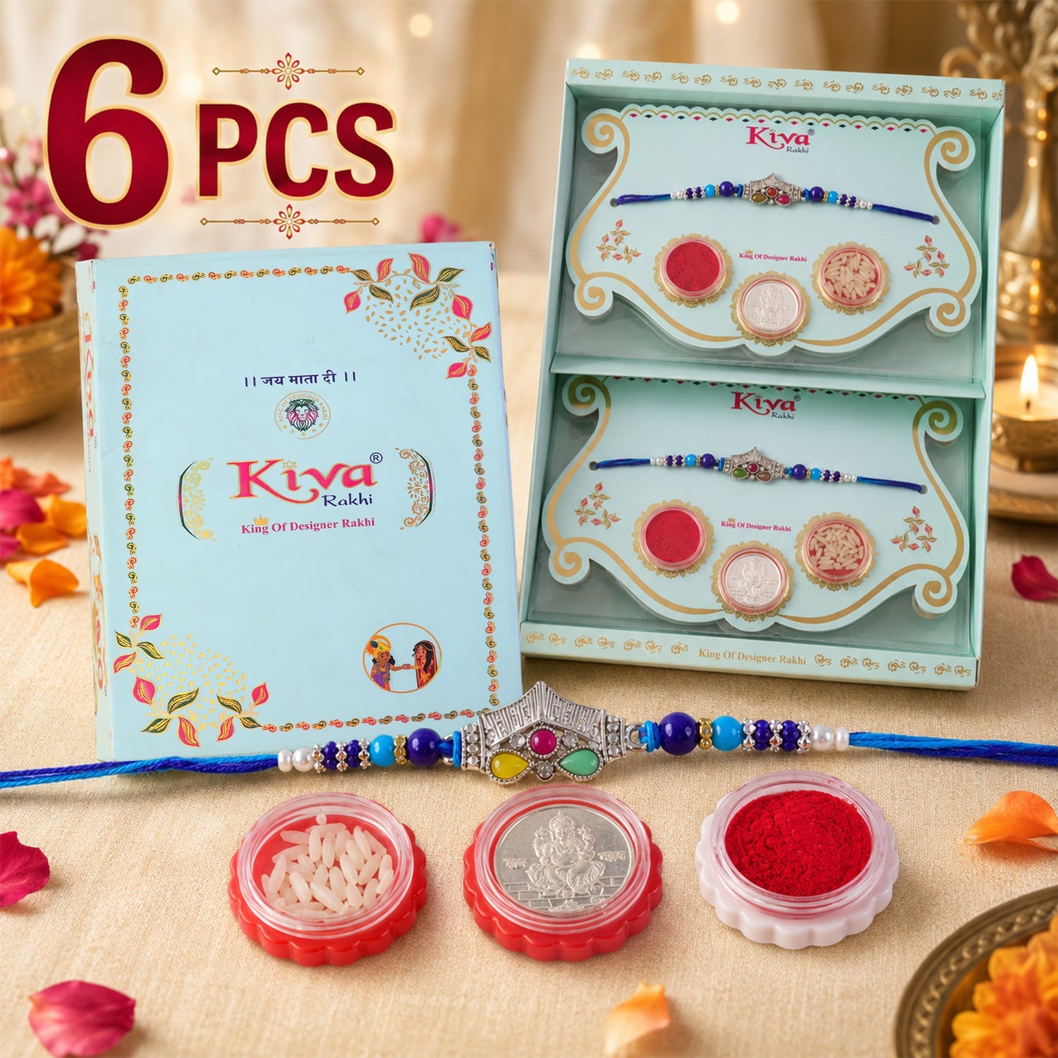 ALVENZA Silver Crown Temple Rakhi with Multicolor Stones, Roli Chawal Coin and Card Gift Packing