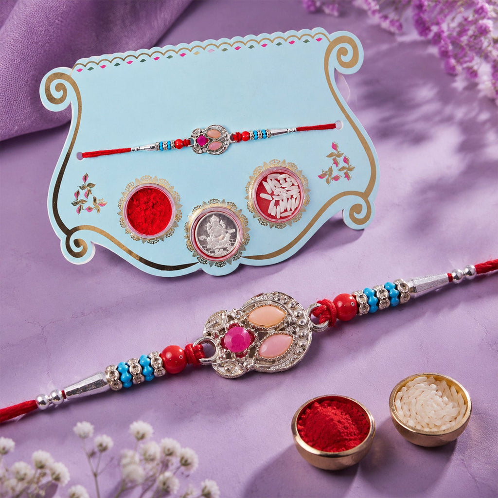 ALVENZA Oval Pink Stone Filigree Rakhi with Red Thread, Roli Chawal Coin and Gift Box Packing