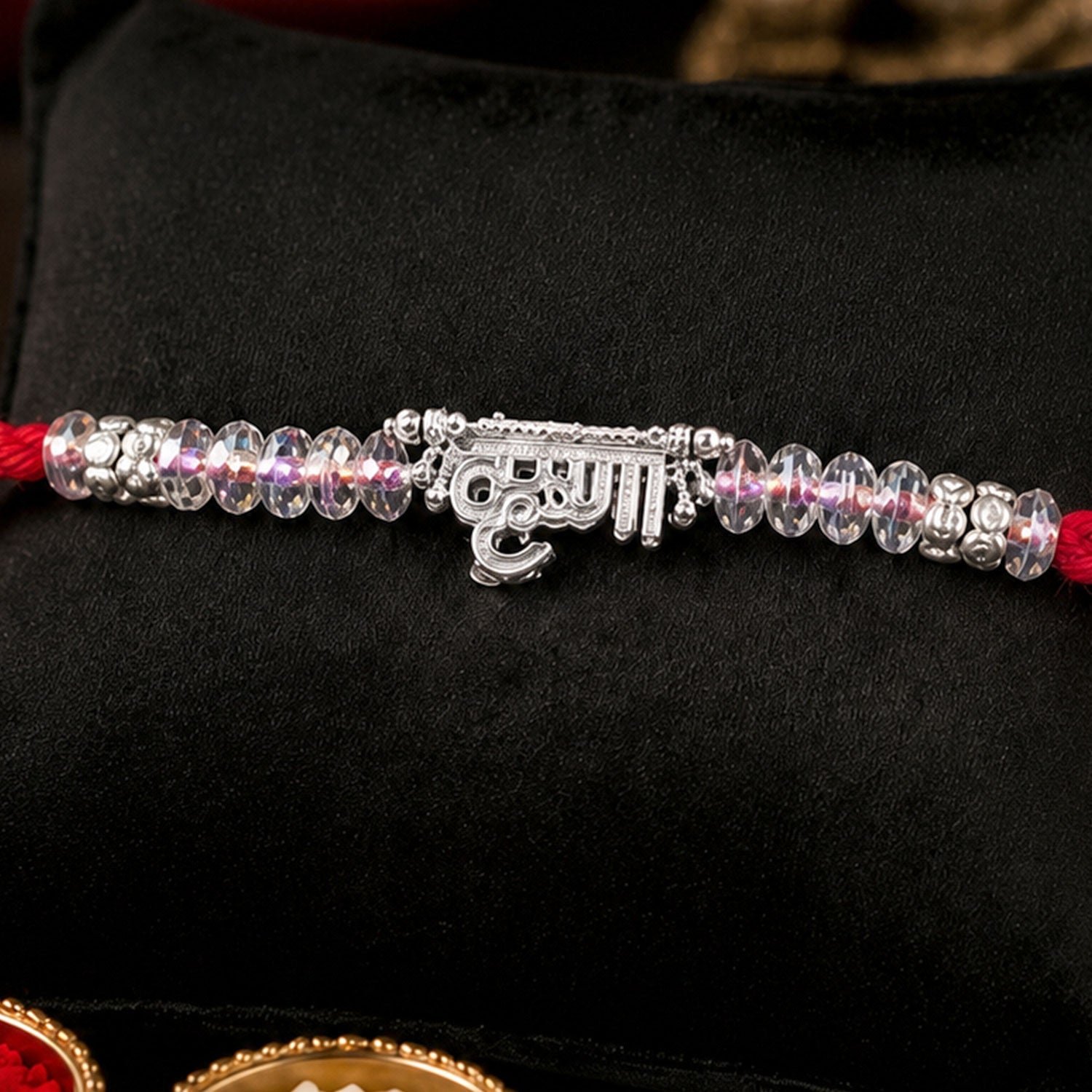 ALVENZA Silver Bhaiya Name Rakhi with Crystal Beads, Red Thread and Sparkling Detail