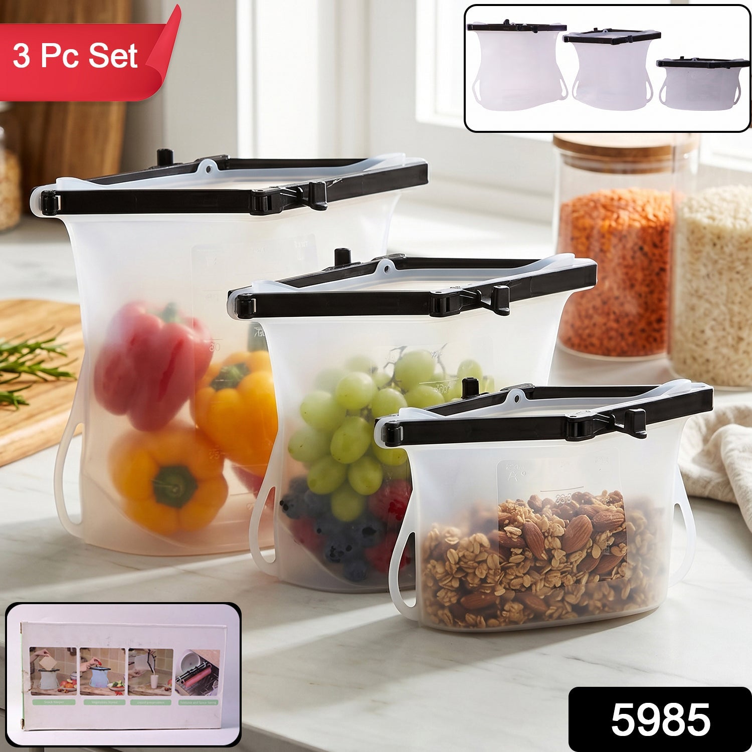  Reusable Silicone Food Bags – Set of 3 Leakproof Keepers | ALVENZA - Detail 2