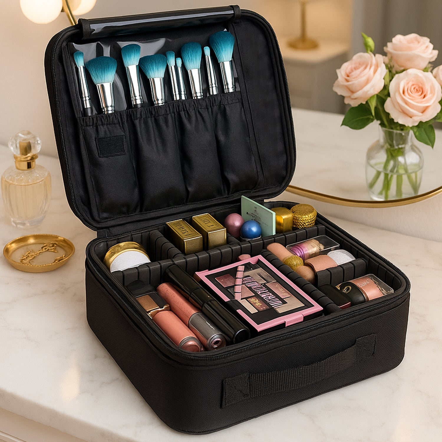 LED Light Makeup Organizer Box – Portable Cosmetic Storage with Mirror