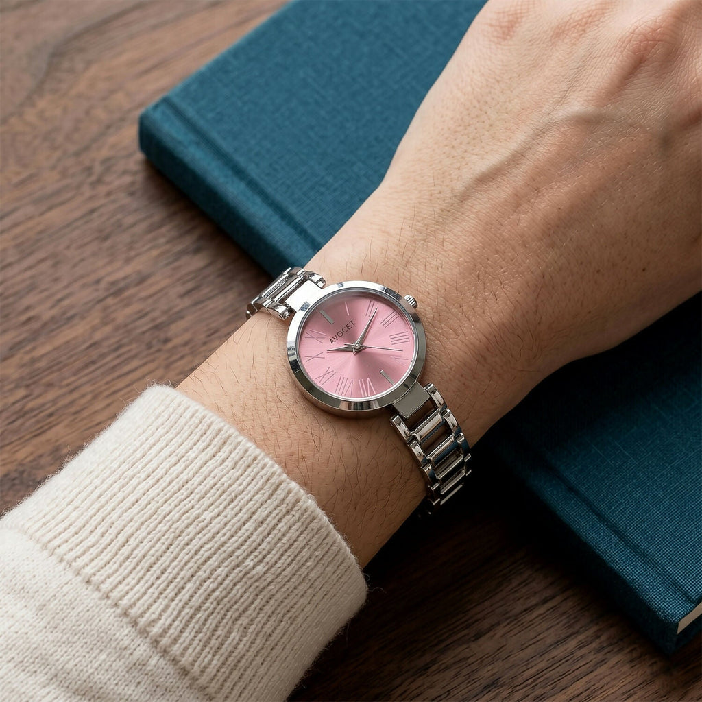 Women’s Silver Bracelet Watch – Elegant Pink Dial and Chain Strap