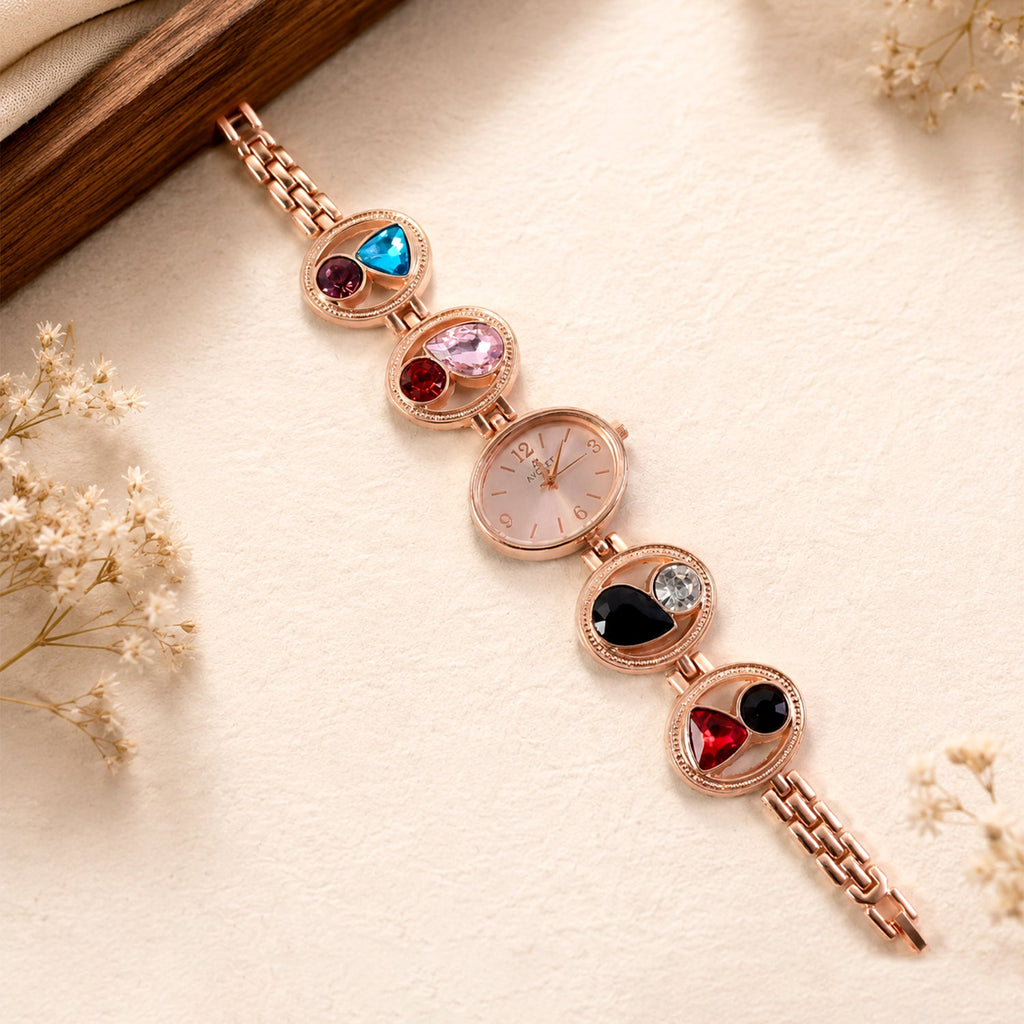 Rose Gold Bracelet Watch – Women's Analog with Crystal Stones