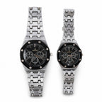 Silver Couple Watch Set with Black Dial Chronograph Style Metal Strap Design