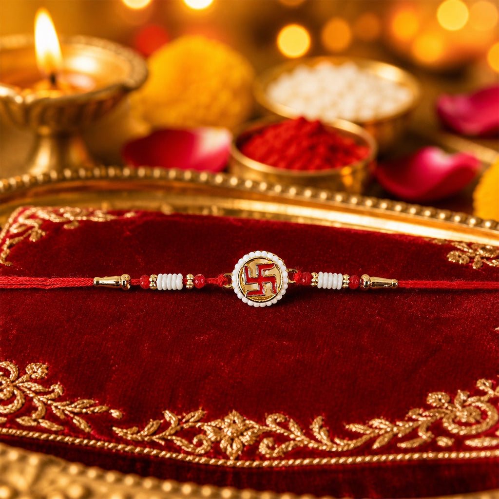 ALVENZA Swastik Pearl Frame Rakhi – Elegant and Traditional Tie for Brothers