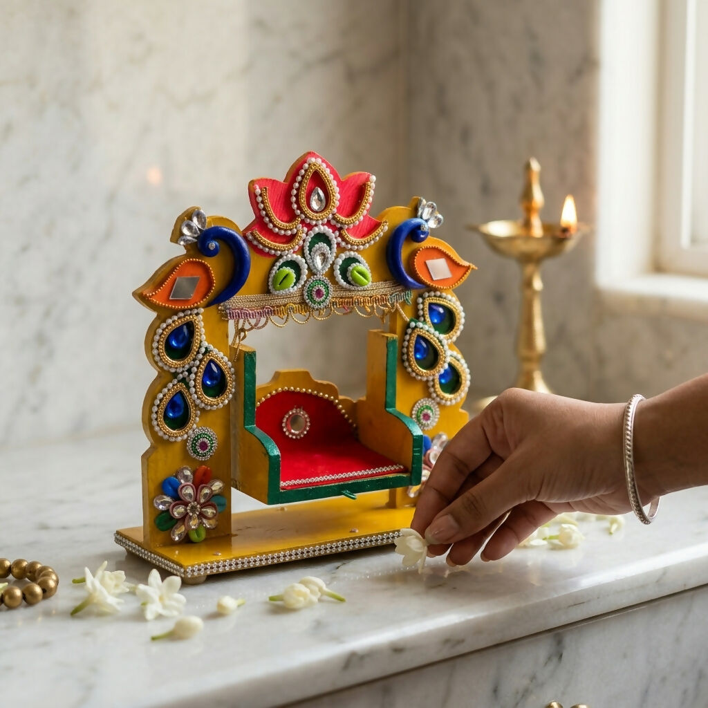 ALVENZA Decorative Laddu Gopal Jhula – Elegant Pooja Seating with Craftsmanship
