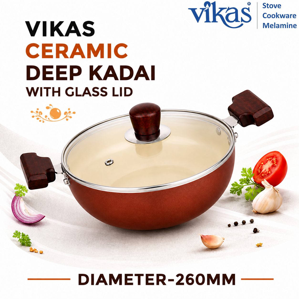 ALVENZA Vikas Ceramic Deep Kadai – Non-Stick & Wooden Handles for Versatile Cooking