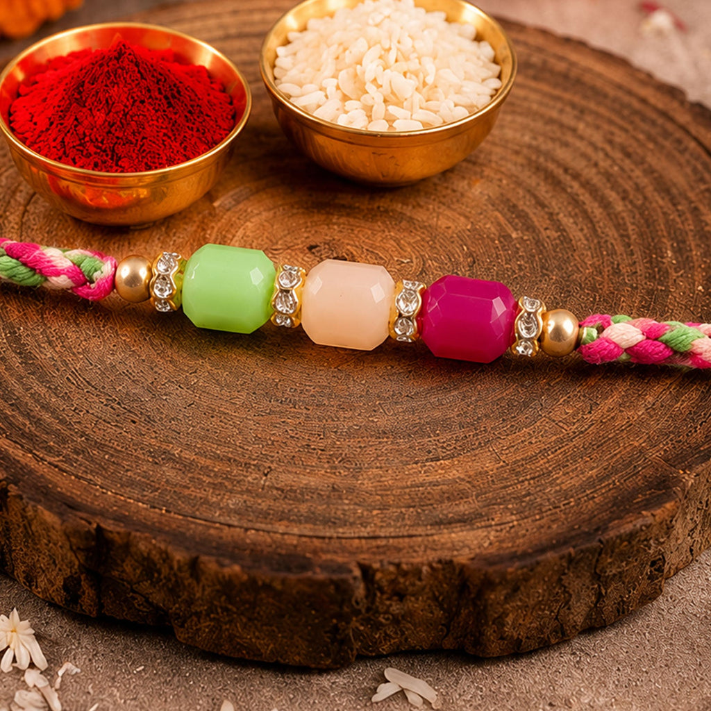 ALVENZA Bright Macrame Bracelet Rakhi with Green Peach Pink Beads and Colorful Thread