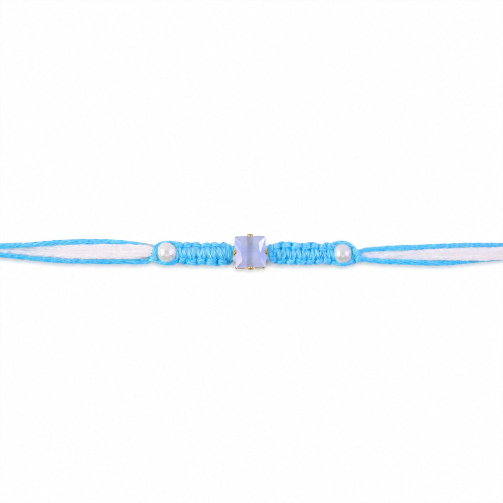 ALVENZA Blue Square Stone Macrame Rakhi with Pearl Beads, Silver Accents and Soft Thread