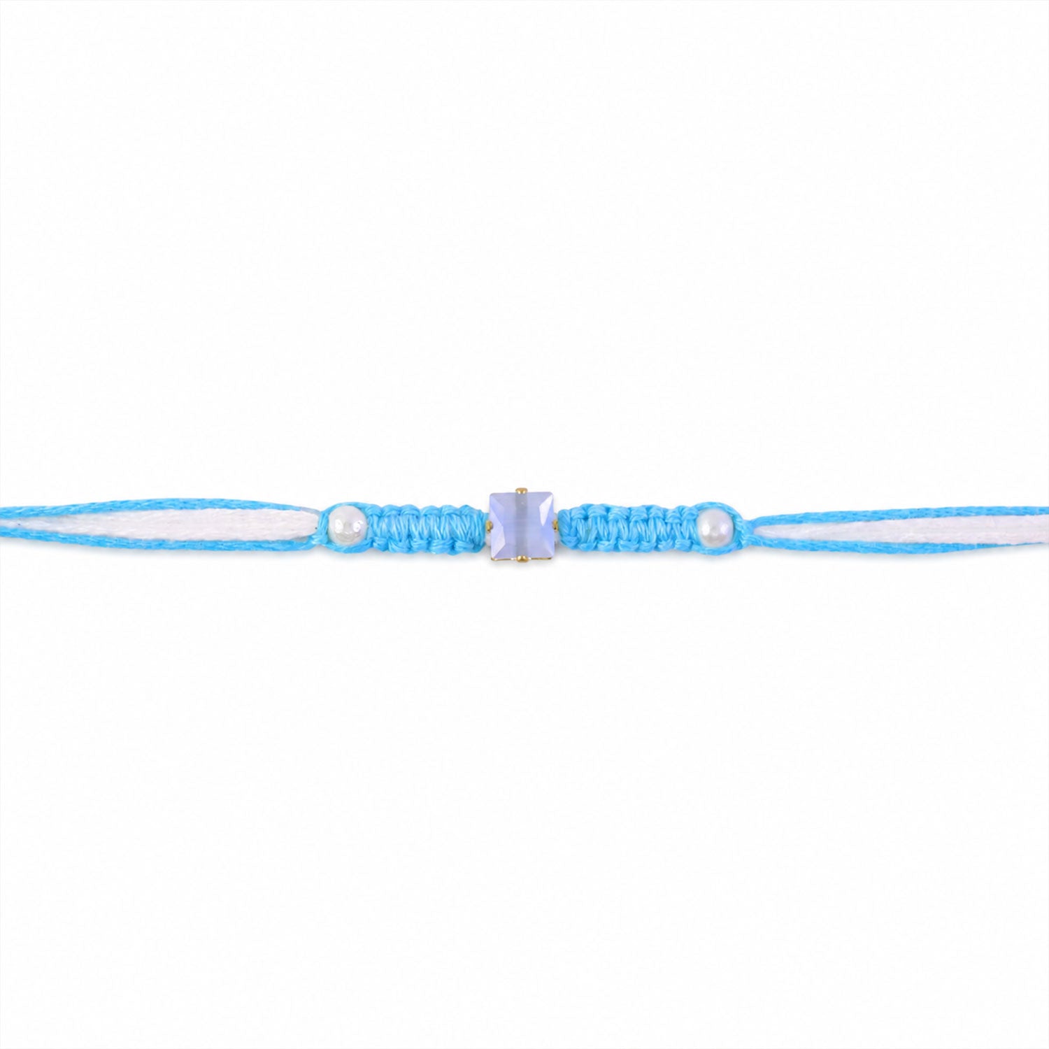 ALVENZA Blue Square Stone Macrame Rakhi with Pearl Beads, Silver Accents and Soft Thread