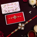 ALVENZA Pearl White Clover Designer Beaded Rakhi for Brother with Gold Accents
