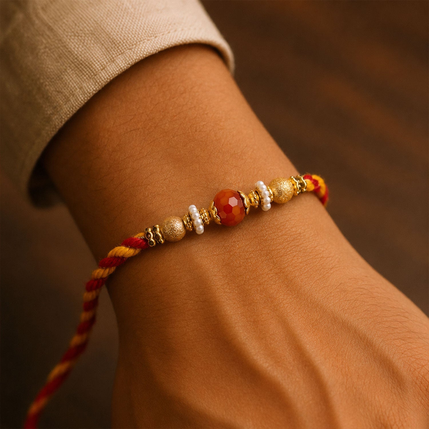 ALVENZA Beautiful Pearl Bead Rakhi with Soft Festive Shades and Elegant Designer Look