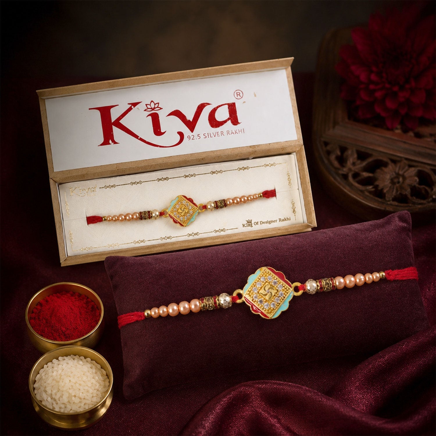 ALVENZA Golden Swastik AD Stone Rakhi with Turquoise-Red Meenakari and Pearl Beads