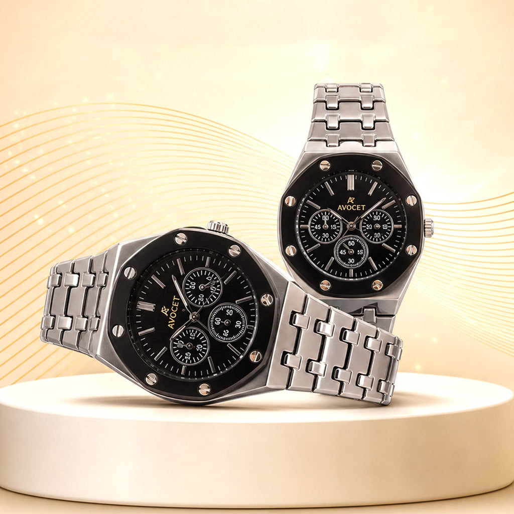 Silver Couple Watch Set with Black Dial Chronograph Style Metal Strap Design