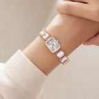 Rose Gold Watch with Square Shape Dial Bracelet Design and Black Stone Details