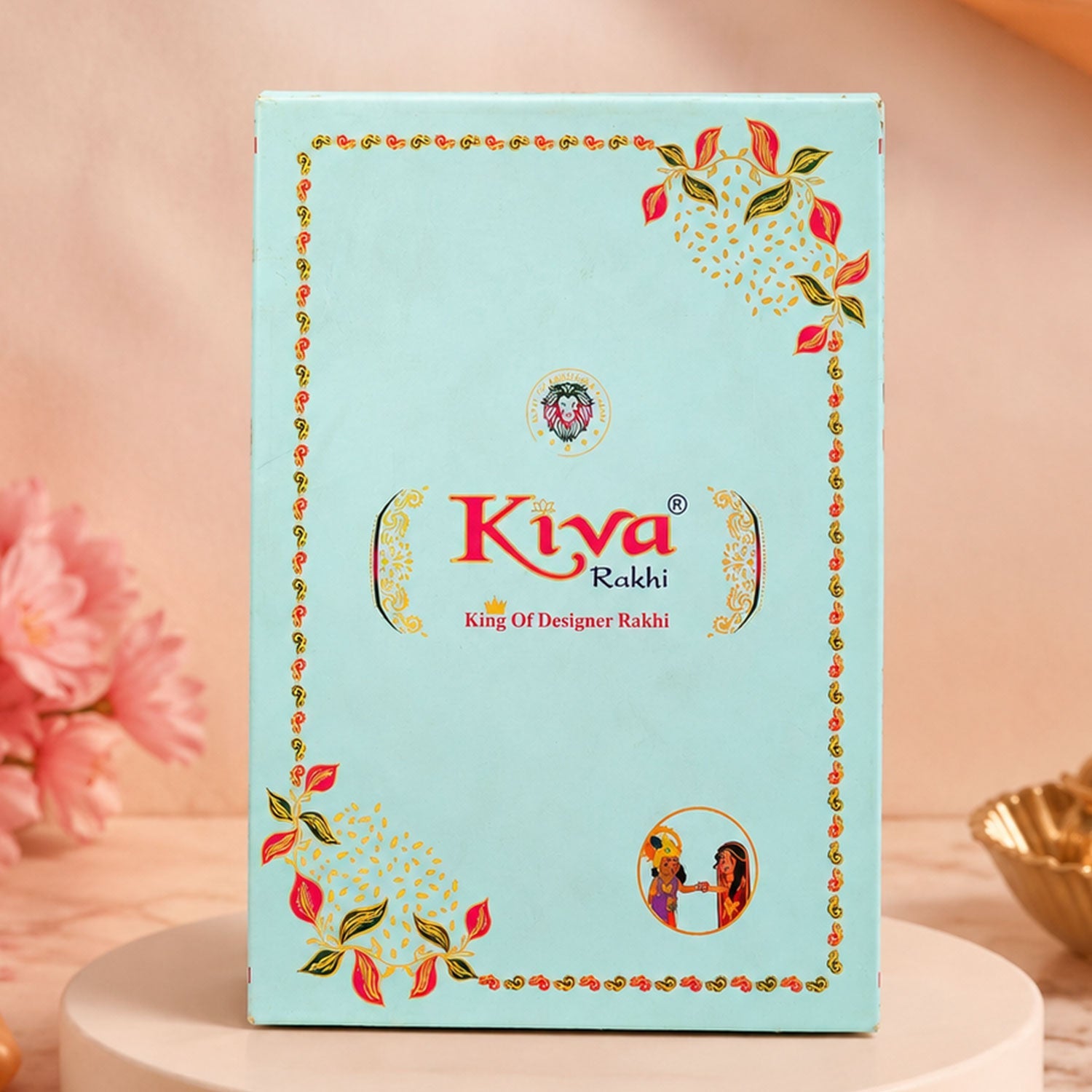 ALVENZA Silver Floral Stone Rakhi with Royal Blue Thread, Roli Chawal Coin and Card Gift Packing