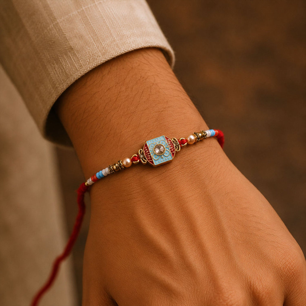 ALVENZA Sky Blue-Red Meenakari Designer Bhaiya Rakhi for Brother with Beads Gift