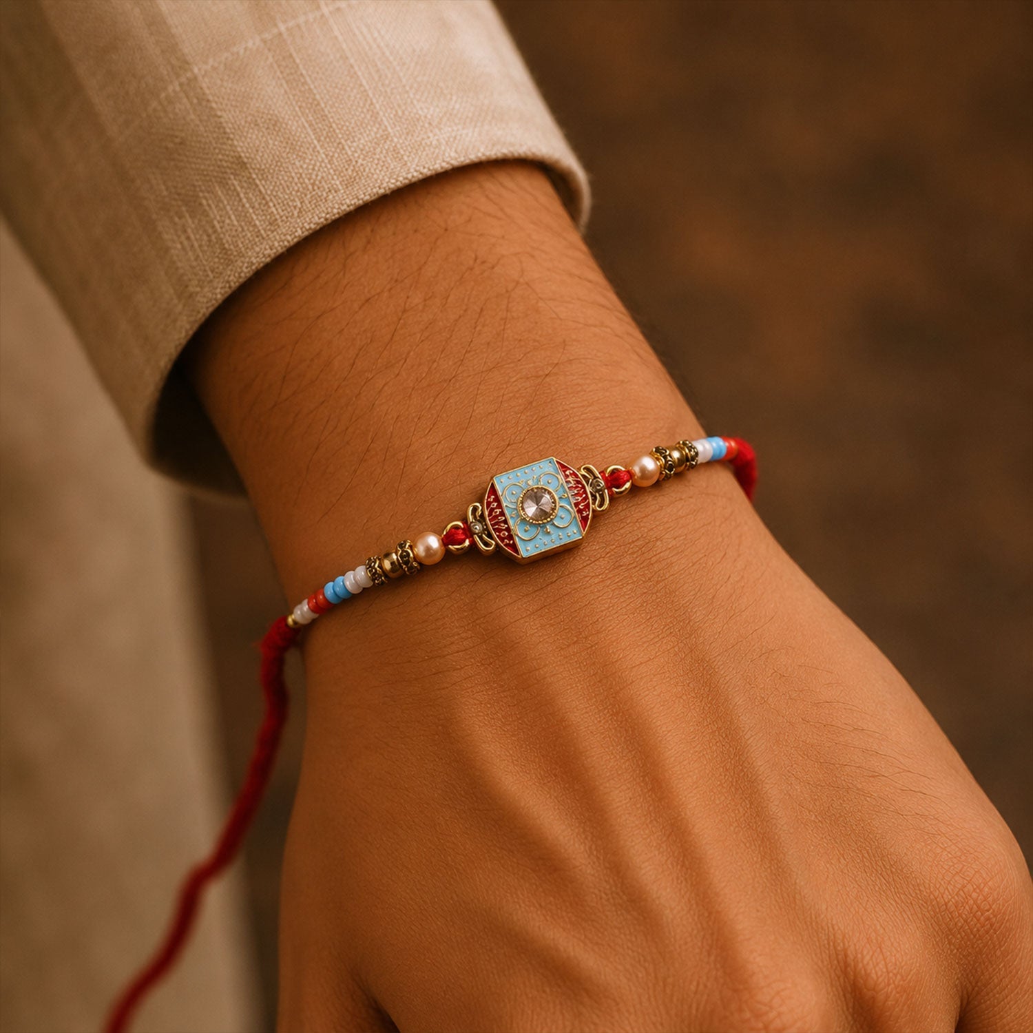 ALVENZA Sky Blue-Red Meenakari Designer Bhaiya Rakhi for Brother with Beads Gift