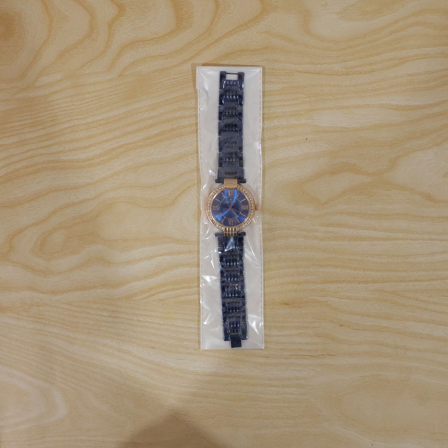Women's Blue Analog Watch – Rose Gold Crystal Bezel Metal Strap