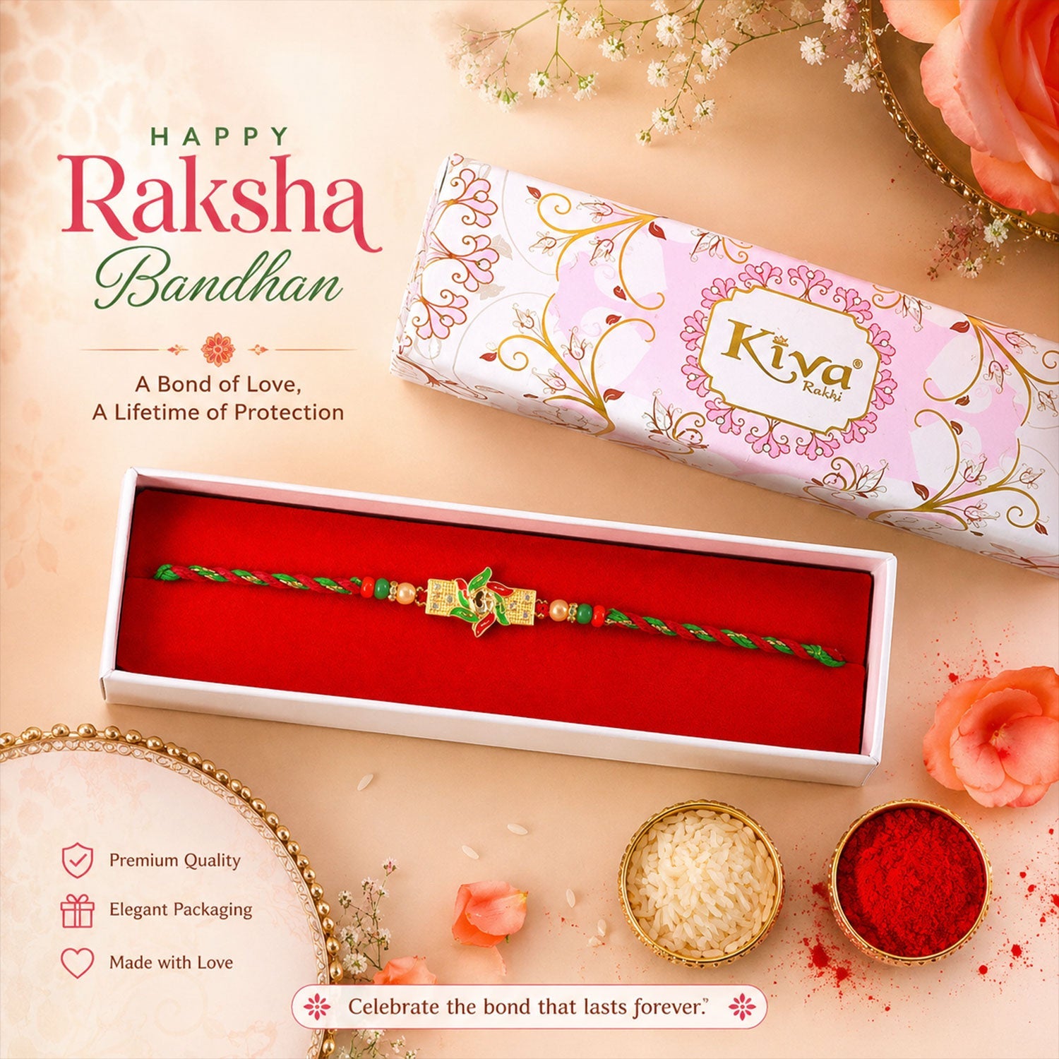 ALVENZA Festive Red & Green Meenakari Pinwheel AD Stone Rakhi for Brother Gift