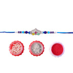 ALVENZA Silver Crown Temple Rakhi with Multicolor Stones, Roli Chawal Coin and Card Gift Packing