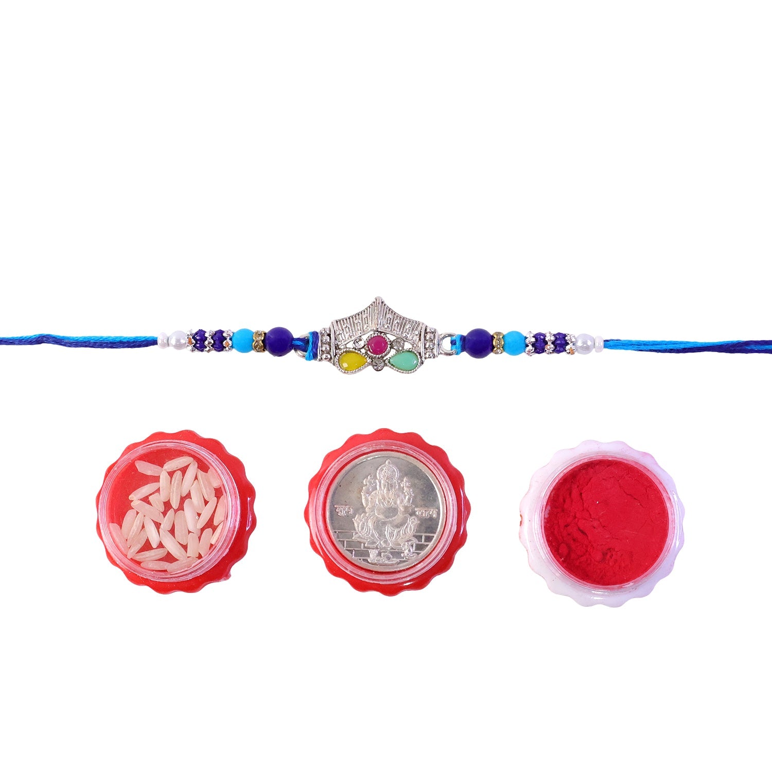 ALVENZA Silver Crown Temple Rakhi with Multicolor Stones, Roli Chawal Coin and Card Gift Packing
