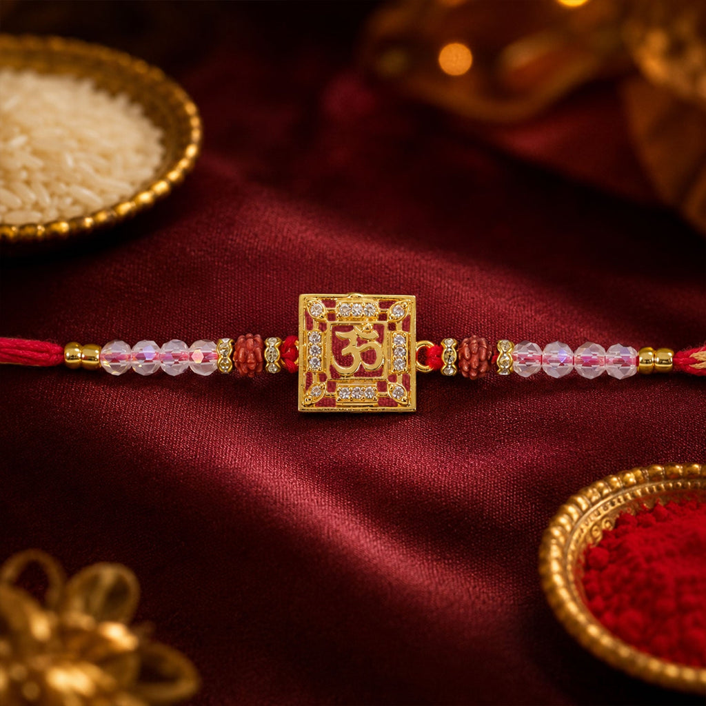 ALVENZA Auspicious Om Symbol AD Rudraksha Rakhi for Brother, Crystal Beads Gift