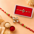 ALVENZA Four Crystal Clover Rakhi with Antique Gold Bezels, Red-Green Crystal & Golden Beads