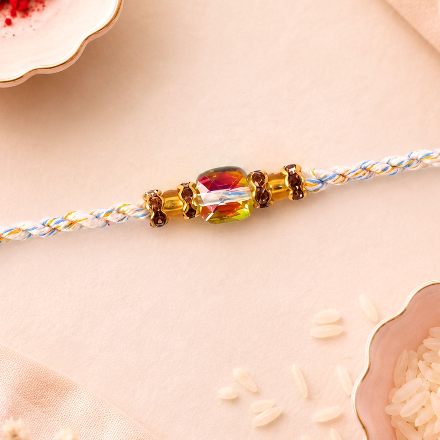 ALVENZA Aurora Crystal Macrame Bracelet Rakhi with Rainbow Stone Shine and Soft Thread