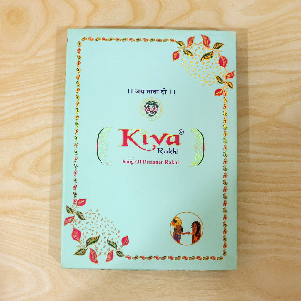 ALVENZA Rectangular Pearl Crystal Rakhi with Red Blue Beads, Roli Chawal Coin and Gift Packing